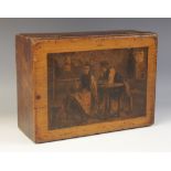 A 19th century mahogany en grisaille work box, of rectangular with hinged cover printed en grisaille