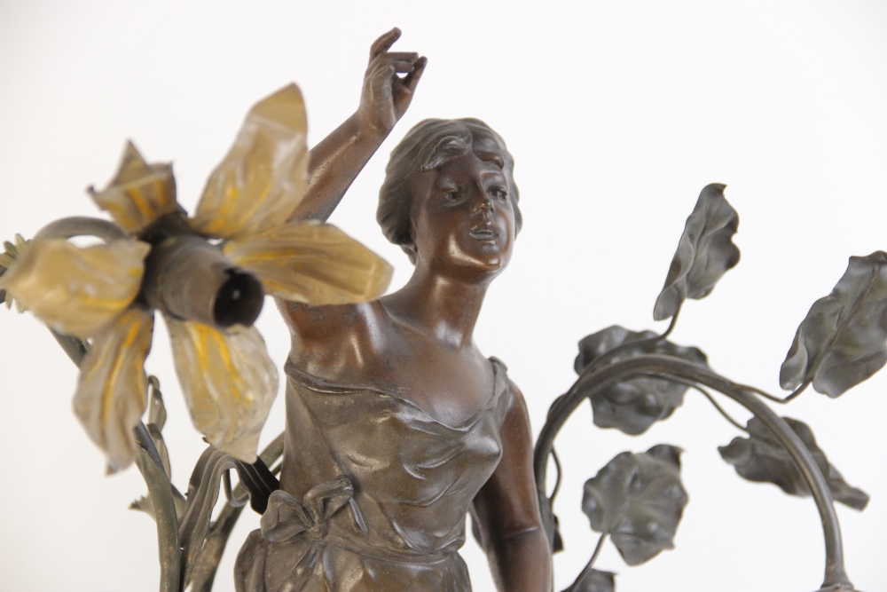 A pair of French Art Nouveau spelter figural table lamps, titled 'Muse des Bois' and 'Chant des - Image 4 of 11