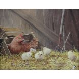 Attributed to Davis Feather (British, 1952 - 2005), A mother hen and her chicks, Oil on board,