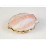 A Russian silver gilt coloured glass shell form compact, the white and pink exterior with shell