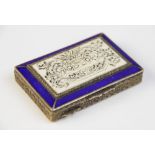 A continental silver gilt and enamel minaudière, of rectangular form, the cover set with an engraved