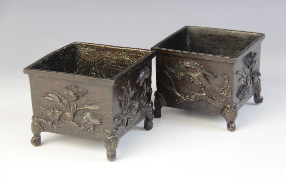 A pair of Japanese bronze cache pots, Meiji period (1868-1912), each of square form and relief - Image 2 of 2