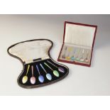 A cased set of six Danish silver and enamelled coffee spoons, each plain polished with guilloche