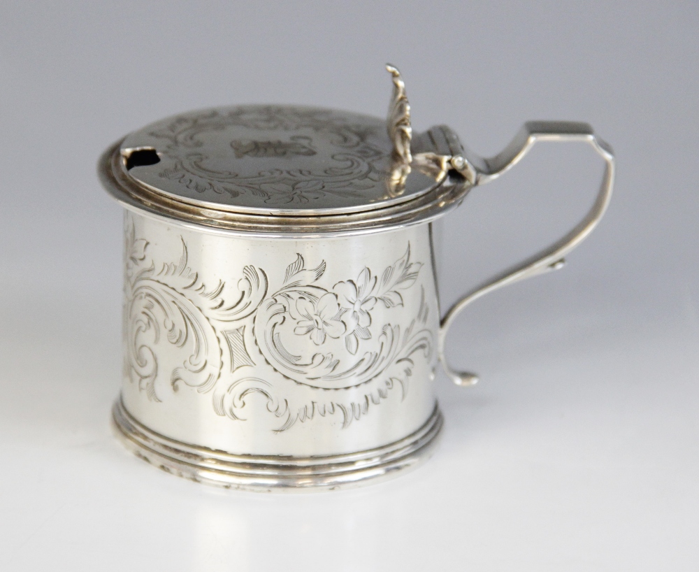 A Victorian silver wet mustard, George John Richards, London 1854, of drum form with scrolling - Image 2 of 3