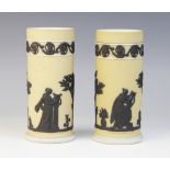 Two Wedgwood Library Collection basalt and cane jasperware cylinder vases, 20th century, each