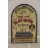 A vintage painted wooden advertising sign, of arched form, constructed from four planks and
