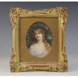 Pre-Raphaelite school (19th century), A bust length portrait miniature depicting a young lady with