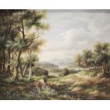 English School (late 19th century), Extensive landscape with figures on a path and mountains beyond,