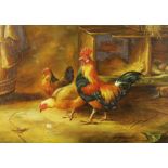 Attributed to Edouard Jeanmaire (Swiss, 1847-1916), A cockerel and hens in a barn, Oil on panel,