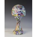 A Murano style millefiori caneware table lamp, mid 20th century, the mushroom shade raised on a
