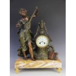 A late 19th/early 20th century French Belle Epoque mantel clock, the bronzed figural group