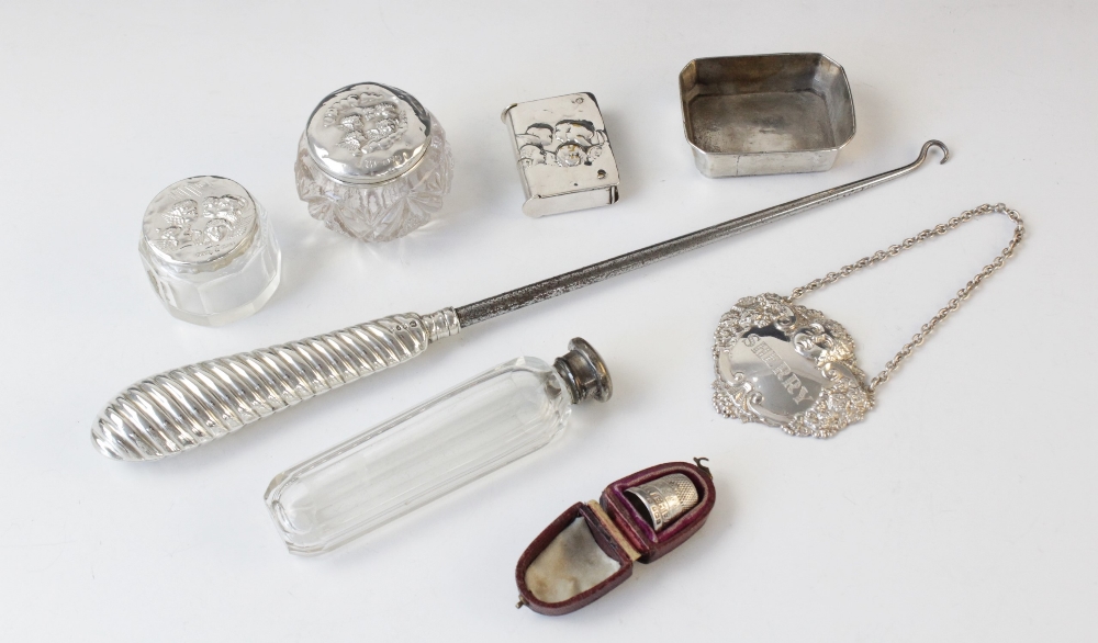 A selection of silver and silver plated dressing tableware, including; an Edwardian silver topped