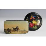 A papier mache snuff box, 19th century, the cover printed and hand coloured with a dog and rabbit