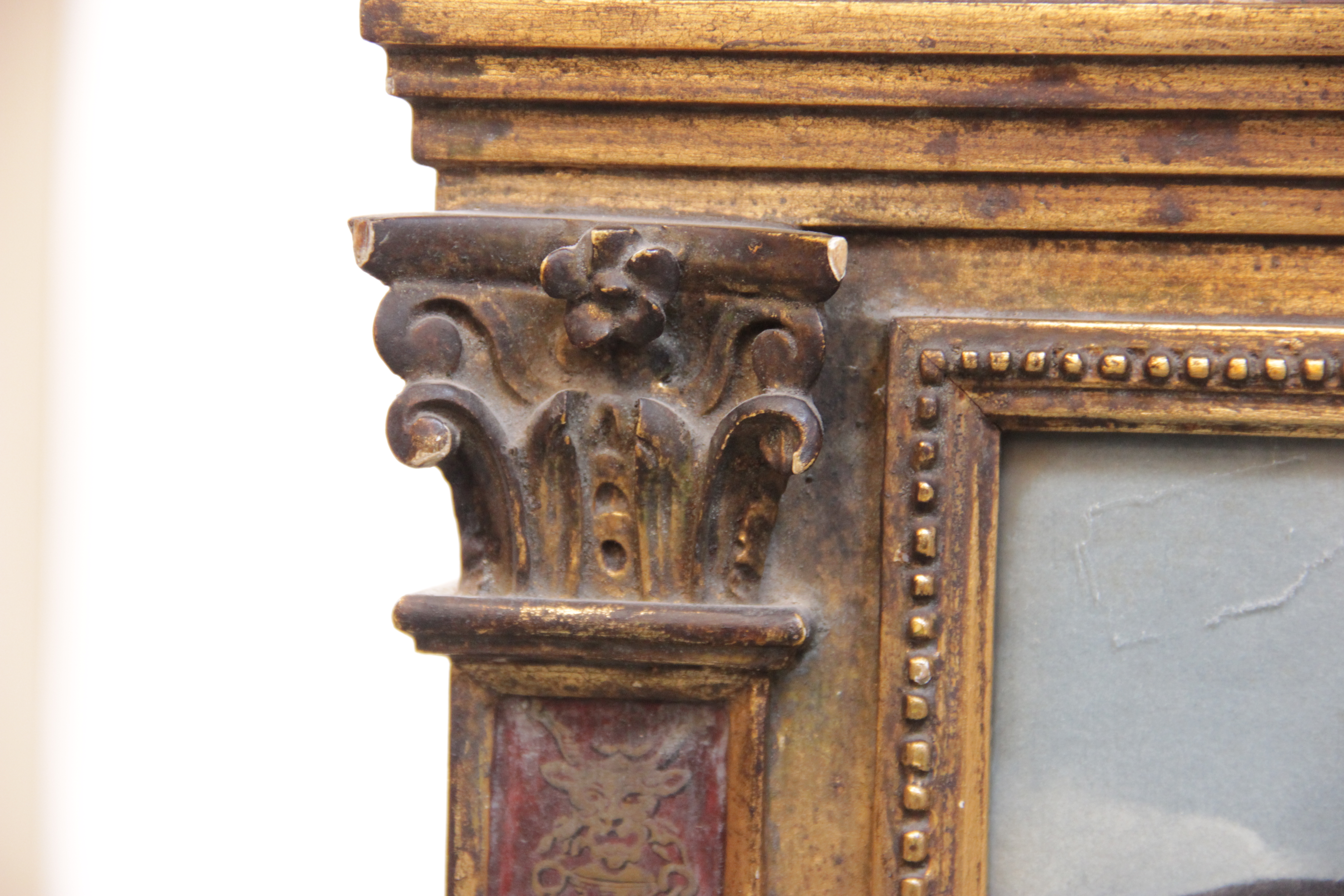 An elaborate painted gesso renaissance style frame, 19th century, the cornice with continuous trompe - Image 5 of 9