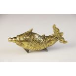 An Indian brass scent bottle, 19th century, designed as a carp, with engraved decoration and screw