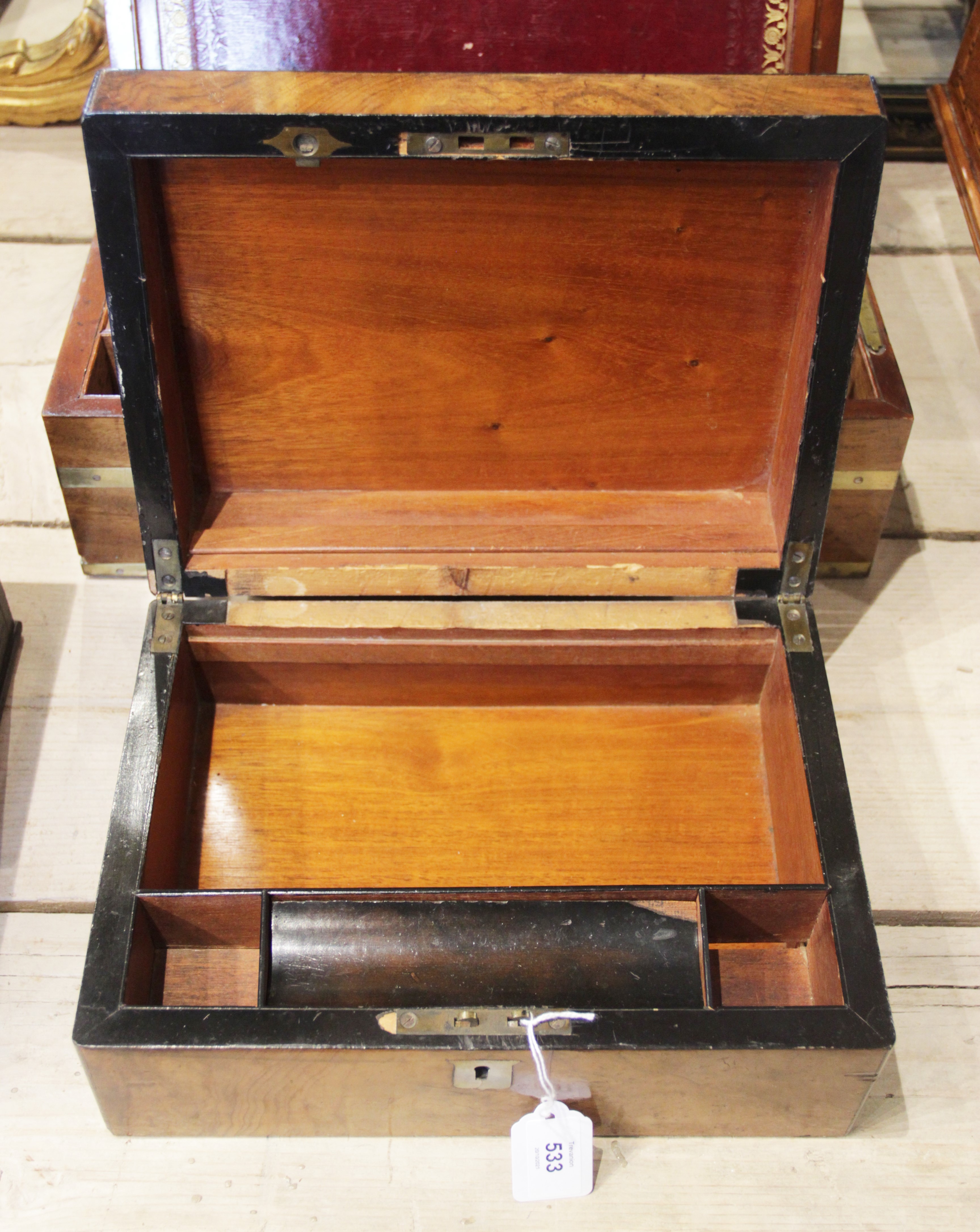 A mid 19th century mahogany campaign writing box, applied with brass corner brackets and a shaped - Image 2 of 4