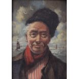 Dutch school (19th century), Portrait of an old sailor in a fur hat, with boats beyond against a