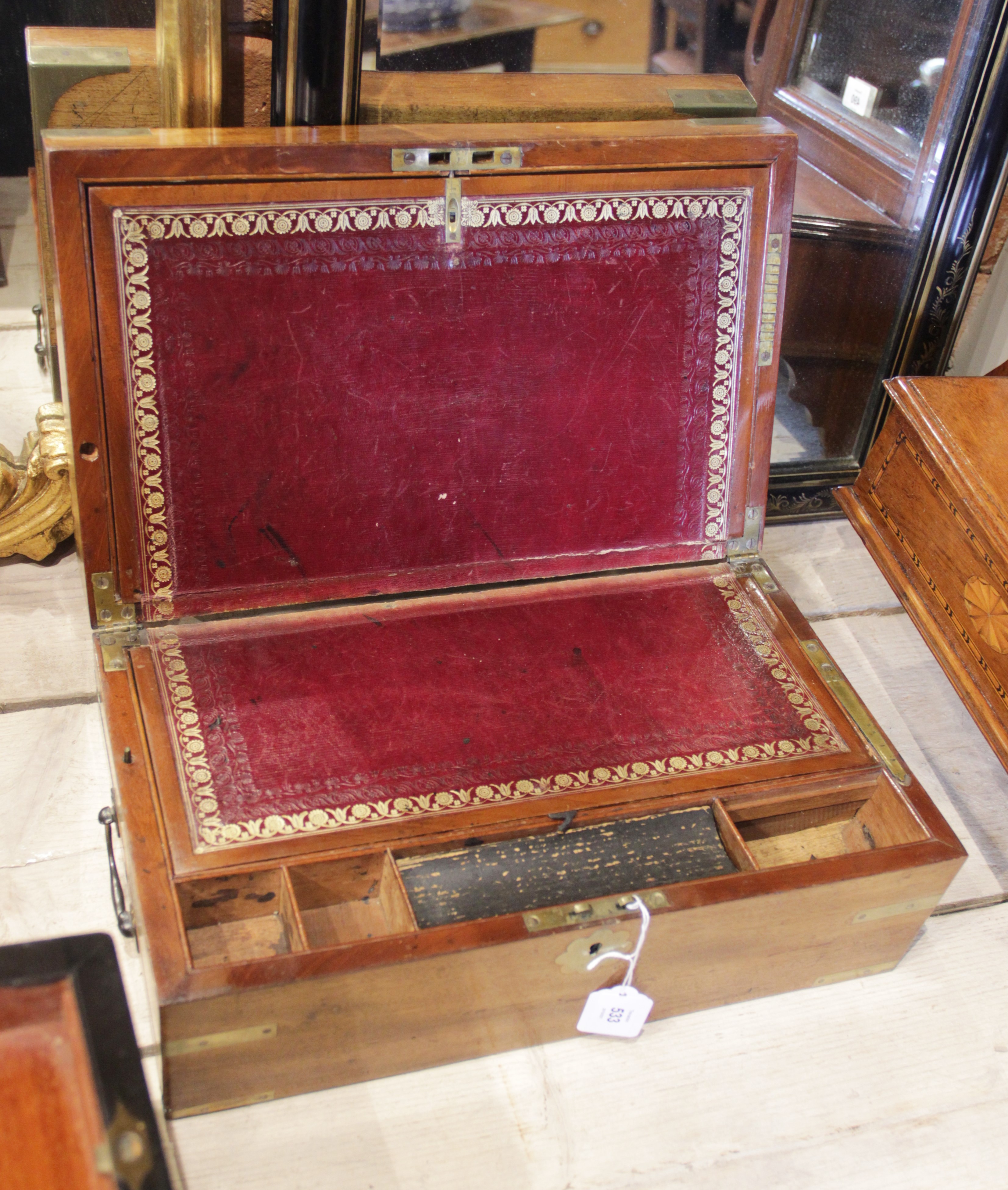 A mid 19th century mahogany campaign writing box, applied with brass corner brackets and a shaped - Image 3 of 4