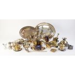 A large quantity of silver, silver coloured, silver plated items, to include; a three-piece tea