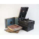 Two vintage HMV gramophones, one retailed by Forrest & Son of Shrewsbury, with a collection of 78