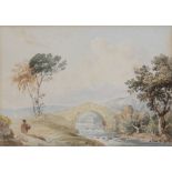 Manner of John Varley (English, 1778-1842), A river scene with bridge and figure, Unsigned, 10cm x