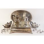 A large quantity of silver plated tableware, to include a mirrored cake stand, 51cm x 51cm, a