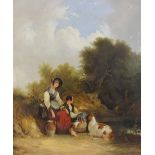 Circle of William Shayer Senior (British 1787-1879), Ladies and goat picnicking by a river, Oil on