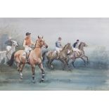 John Theodore Kenney (1911-1972), Racehorses with jockeys, Watercolour on paper, Signed lower right,