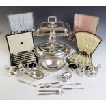 A selection of silver plated and silver coloured tableware, to include; a silver coloured three