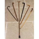 Six assorted walking sticks and canes, to include a carved ebonised African example with a mask