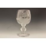 A clear glass chalice engraved with game birds in flight, 20th century, the knop moulded steam