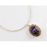 An enamelled 9ct gold locket pendant, of oval form, the central panel decorated with blue enamel and