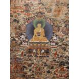 A monumental Tibetan Shakyamuni thangka, 20th century, featuring the tales of Avadana-Kalpalata,