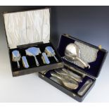 An Art Deco silver and enamel backed dressing table set, A & J Zimmerman Ltd, 1930-31, comprising; a