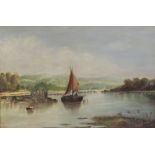 English school (19th century), Estuary scene with fishing boat, Oil on canvas, Indistinctly