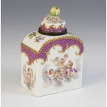 A porcelain tea caddy and cover, 18th/19th century, the rectangular form body with arched top,