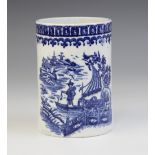 A Worcester porcelain blue & white mug, late 18th century, decorated in the Fisherman pattern with