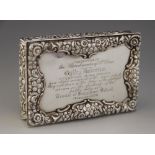 A William IV silver table snuff box, Nathaniel Mills, Birmingham 1838, of rectangular form with