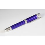 A Mont Blanc 'Jules Verne' Limited Edition fountain pen, the silver coloured case with blue