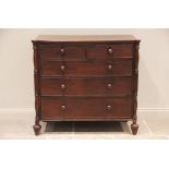 A 19th century mahogany chest of drawers, formed from two short and three long graduated drawers,