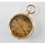 A continental 18ct gold lady's pocket watch, the gold toned dial with scrolling decoration and black