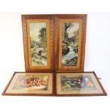 A pair of glazed oak frames in the Arts & Crafts style, each with a continuous frieze of incised