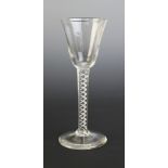 A round funnel bowl cordial glass, the bowl on single series double helix mercury or air twist