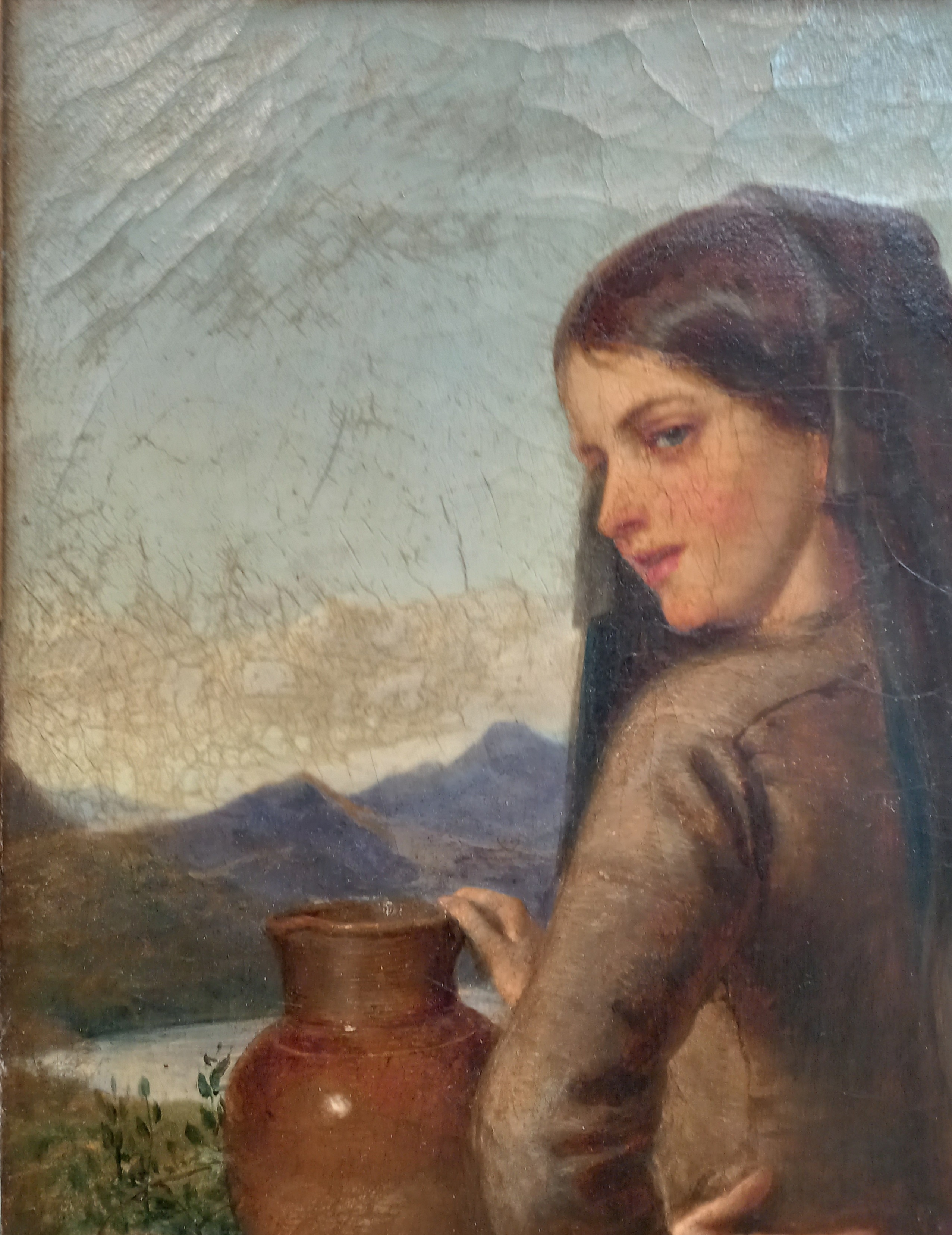 Spanish school (19th century), Portrait of a young girl holding a jug with mountains and lake - Image 6 of 9