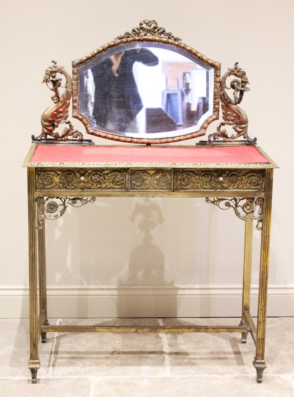 A French Belle Epoque brass three piece bedroom suite, comprising; a dressing table with a shaped - Image 2 of 4