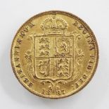 A Victorian gold half sovereign, shield variety, dated 1887, gross weight 4.1gms