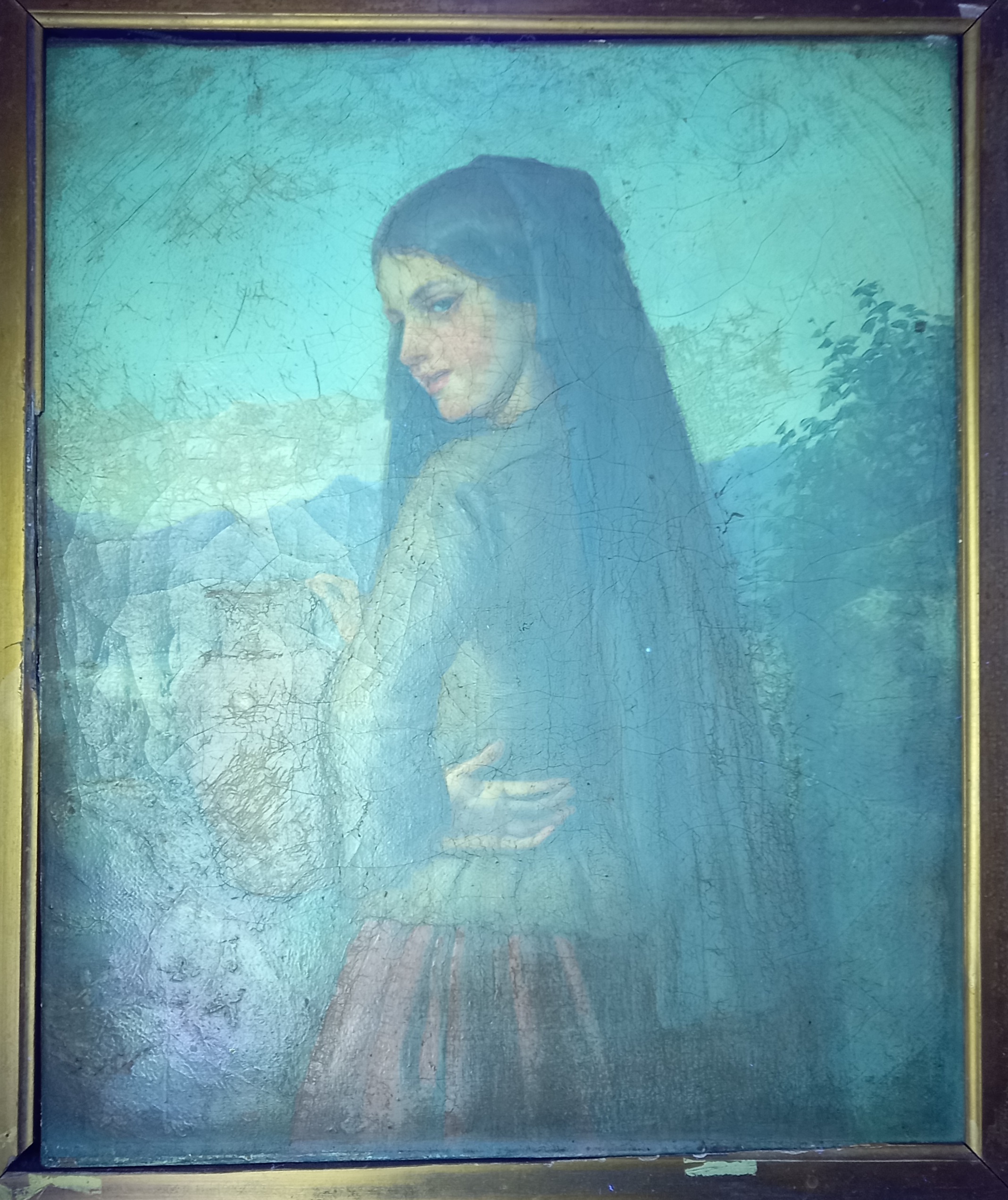Spanish school (19th century), Portrait of a young girl holding a jug with mountains and lake - Image 8 of 9