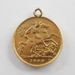 An Edwardian gold half sovereign, dated 1906, with attached soldered mount, gross weight approx. 3.