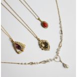 A selection of 9ct gold and gold coloured pendants and necklaces, to include a cultured pearl set