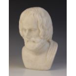 A carved alabaster bust of a classically dressed bearded gentleman in the grand tour manner, 22cm